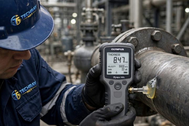 Ultrasonic wall thickness measurement (WT) with a thickness gauge on a flanged pipe